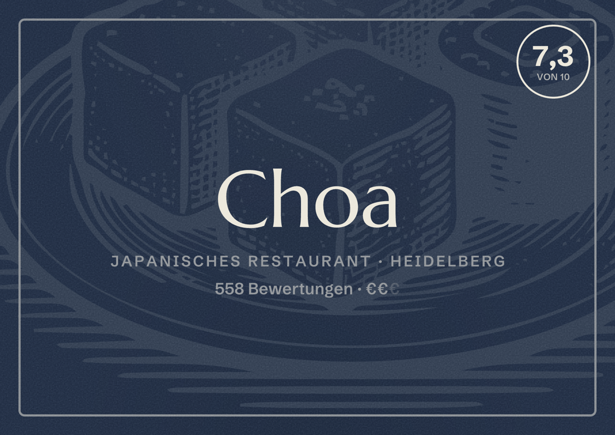 Illustriertes Poster von Choa, Japanisches Restaurant in Heidelberg: Bewertung 7,3 von 10 aus 558 Bewertungen, Preisniveau €€
