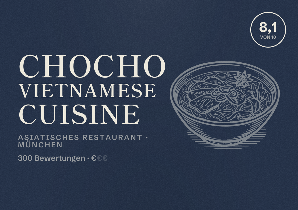 Illustriertes Poster von ChoCho Vietnamese Cuisine, Asiatisches Restaurant in München: Bewertung 8,1 von 10 aus 300 Bewertungen, Preisniveau €