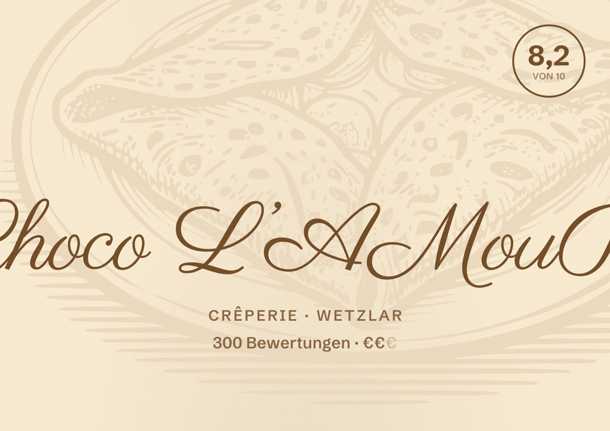 Illustriertes Poster von Choco L’AMouR, Crêperie in Wetzlar: Bewertung 8,2 von 10 aus 300 Bewertungen, Preisniveau €€