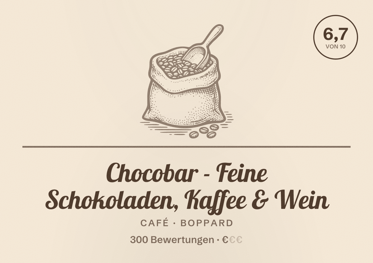 Illustriertes Poster von Chocobar - Feine Schokoladen, Kaffee & Wein, Café in Boppard: Bewertung 6,7 von 10 aus 300 Bewertungen, Preisniveau €