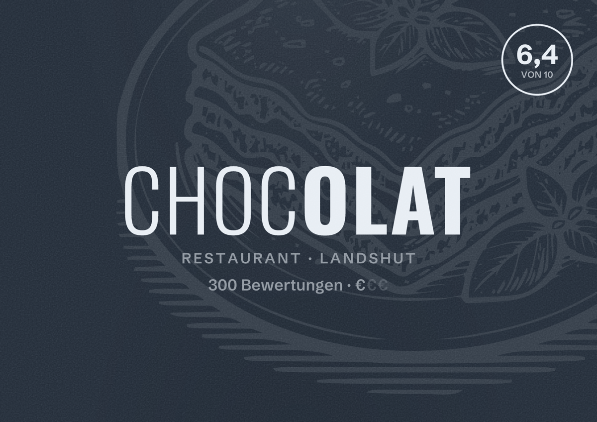Illustriertes Poster von Chocolat, Restaurant in Landshut: Bewertung 6,4 von 10 aus 300 Bewertungen, Preisniveau €