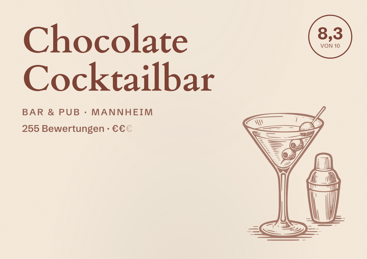 Illustriertes Poster von Chocolate Cocktailbar, Bar & Pub in Mannheim: Bewertung 8,3 von 10 aus 255 Bewertungen, Preisniveau €€