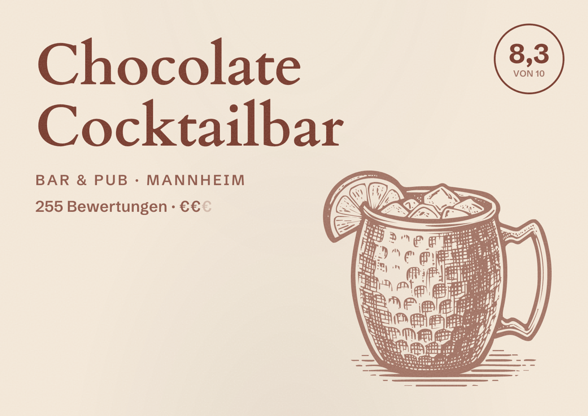 Illustriertes Poster von Chocolate Cocktailbar, Bar & Pub in Mannheim: Bewertung 8,3 von 10 aus 255 Bewertungen, Preisniveau €€