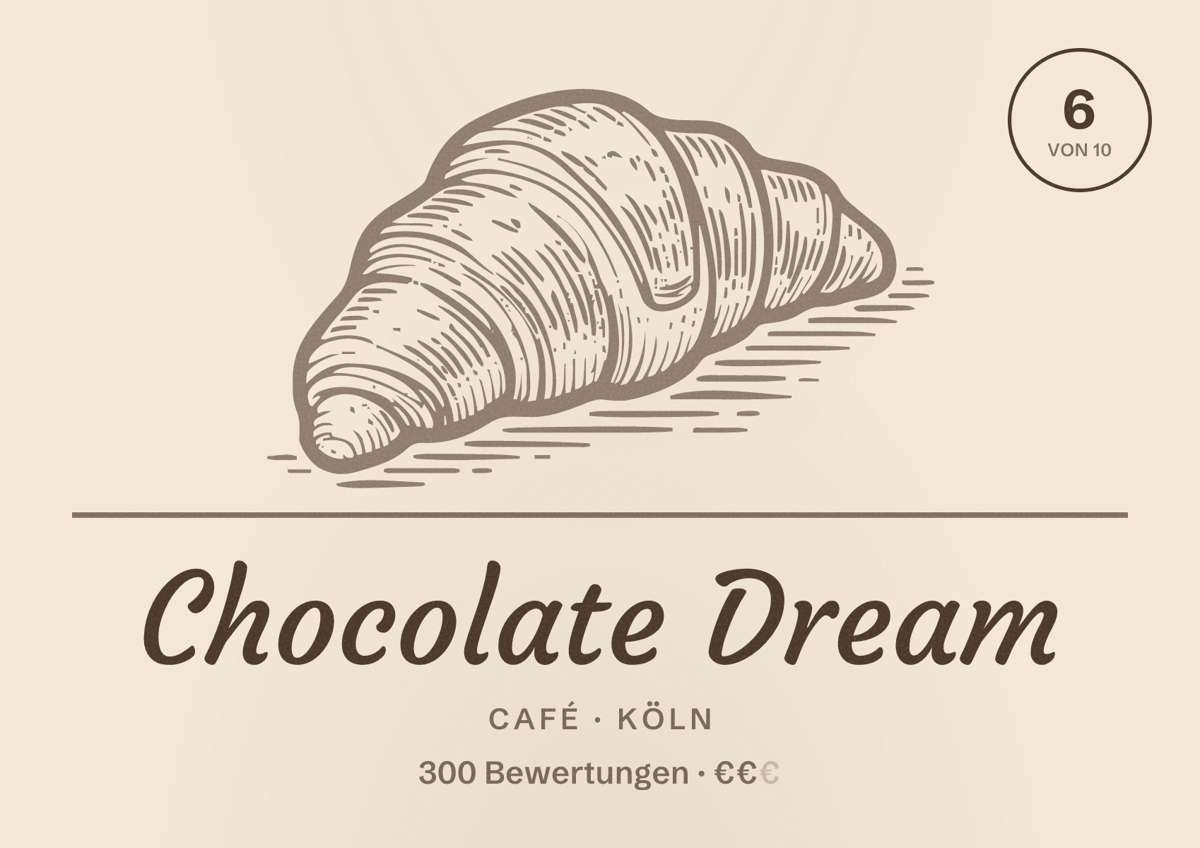 Illustriertes Poster von Chocolate Dream, Café in Köln: Bewertung 6,0 von 10 aus 300 Bewertungen, Preisniveau €€