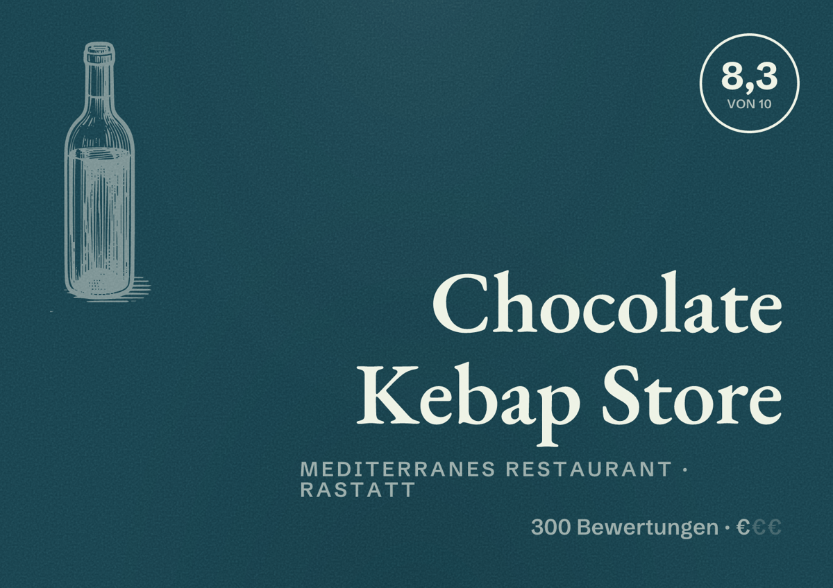 Illustriertes Poster von Chocolate Kebap Store, Mediterranes Restaurant in Rastatt: Bewertung 8,3 von 10 aus 300 Bewertungen, Preisniveau €