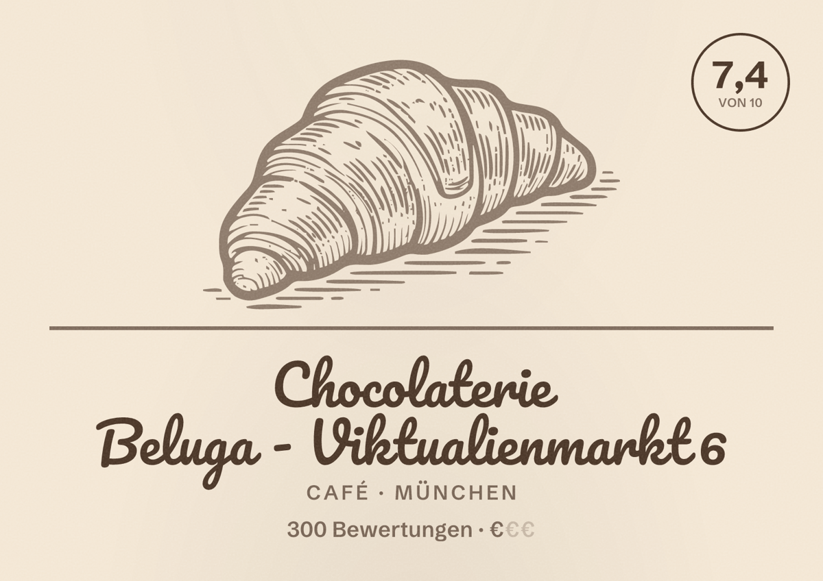 Illustriertes Poster von Chocolaterie Beluga - Viktualienmarkt 6, Café in München: Bewertung 7,4 von 10 aus 300 Bewertungen, Preisniveau €