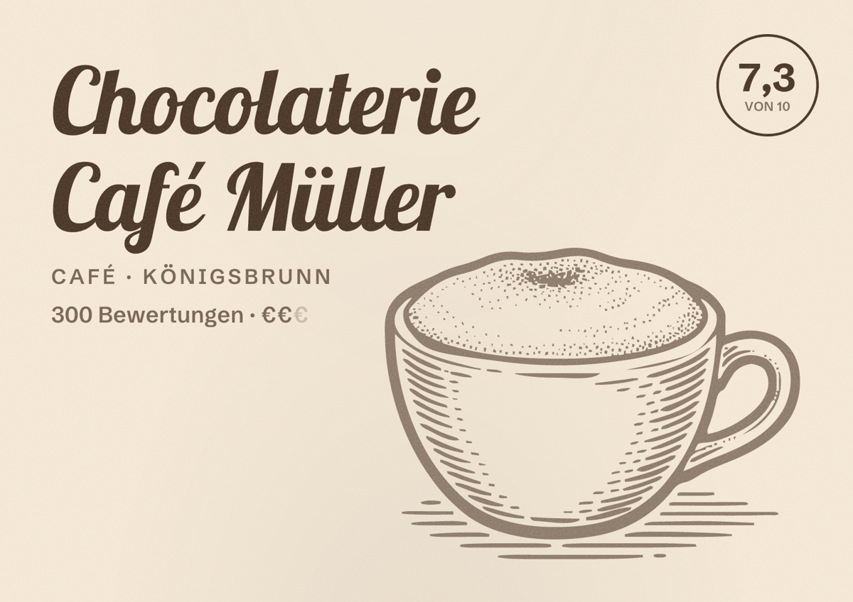 Illustriertes Poster von Chocolaterie Café Müller, Café in Königsbrunn: Bewertung 7,3 von 10 aus 300 Bewertungen, Preisniveau €€