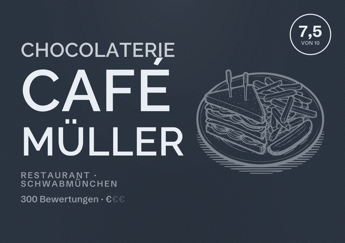 Illustriertes Poster von Chocolaterie Café Müller, Restaurant in Schwabmünchen: Bewertung 7,5 von 10 aus 300 Bewertungen, Preisniveau €