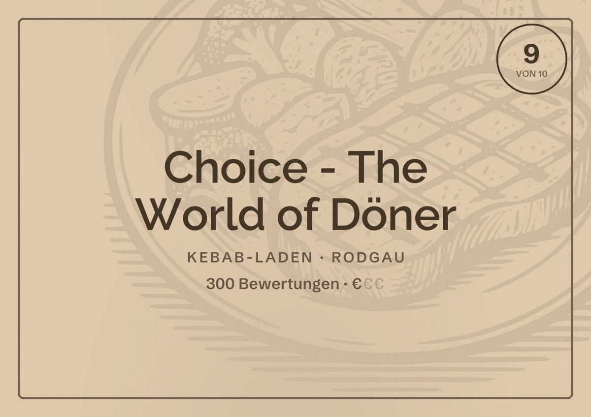 Illustriertes Poster von Choice - The World of Döner, Kebab-Laden in Rodgau: Bewertung 9 von 10 aus 300 Bewertungen, Preisniveau €