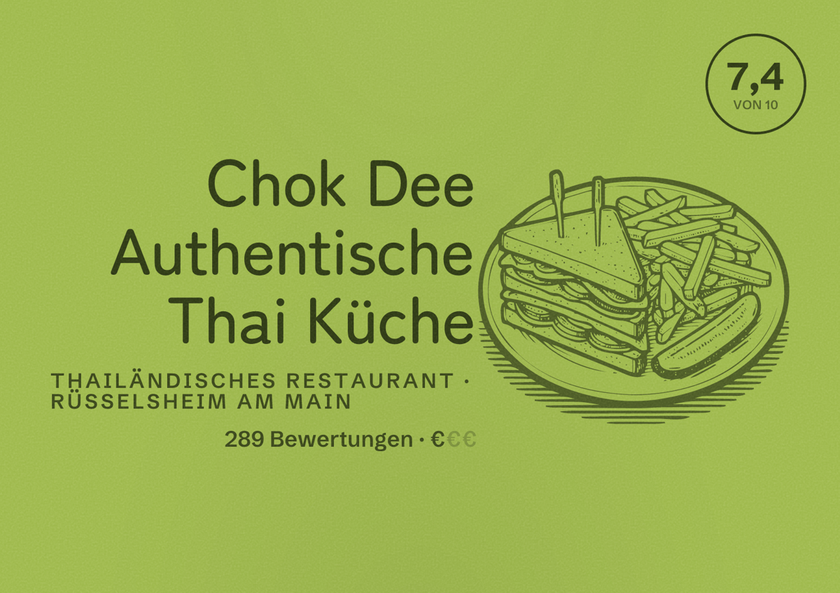 Illustriertes Poster von Chok Dee Authentische Thai Küche, Thailändisches Restaurant in Rüsselsheim am Main: Bewertung 7,4 von 10 aus 289 Bewertungen, Preisniveau €