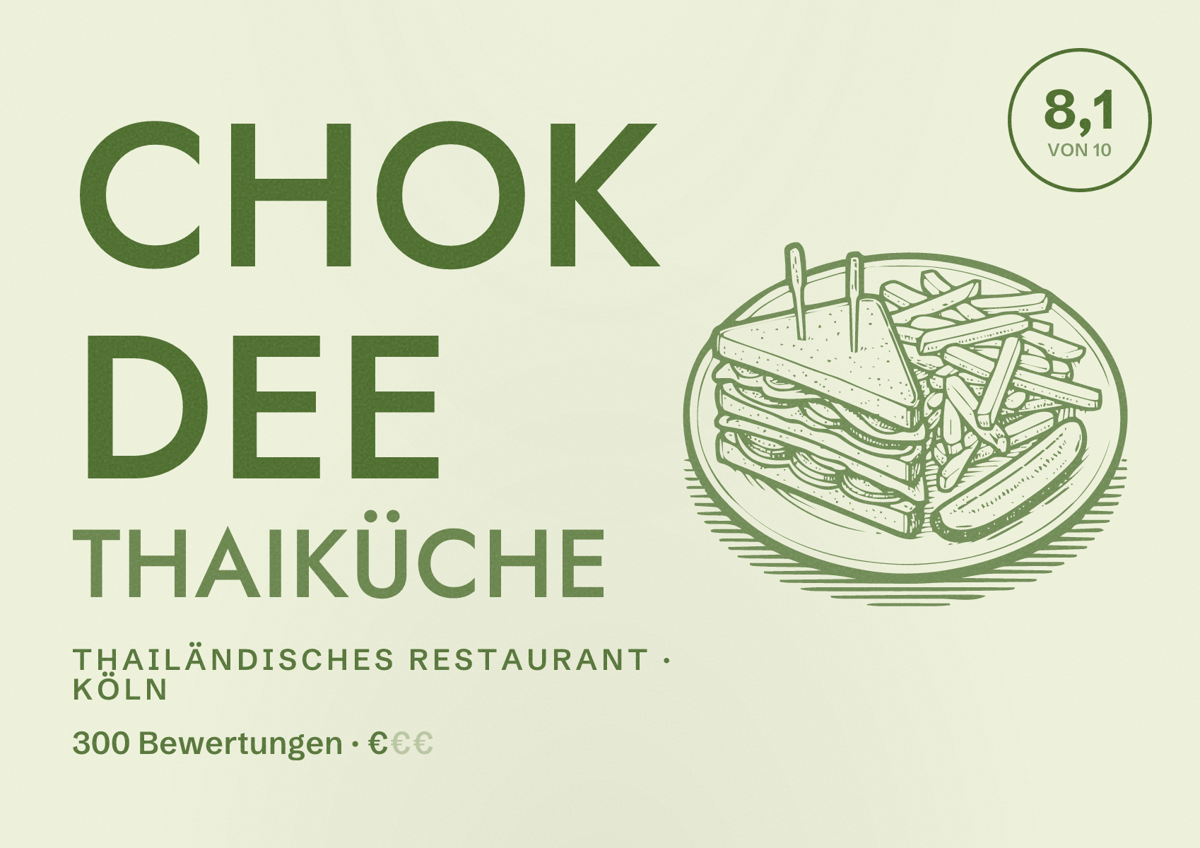 Illustriertes Poster von Chok Dee Thaiküche, Thailändisches Restaurant in Köln: Bewertung 8,1 von 10 aus 300 Bewertungen, Preisniveau €