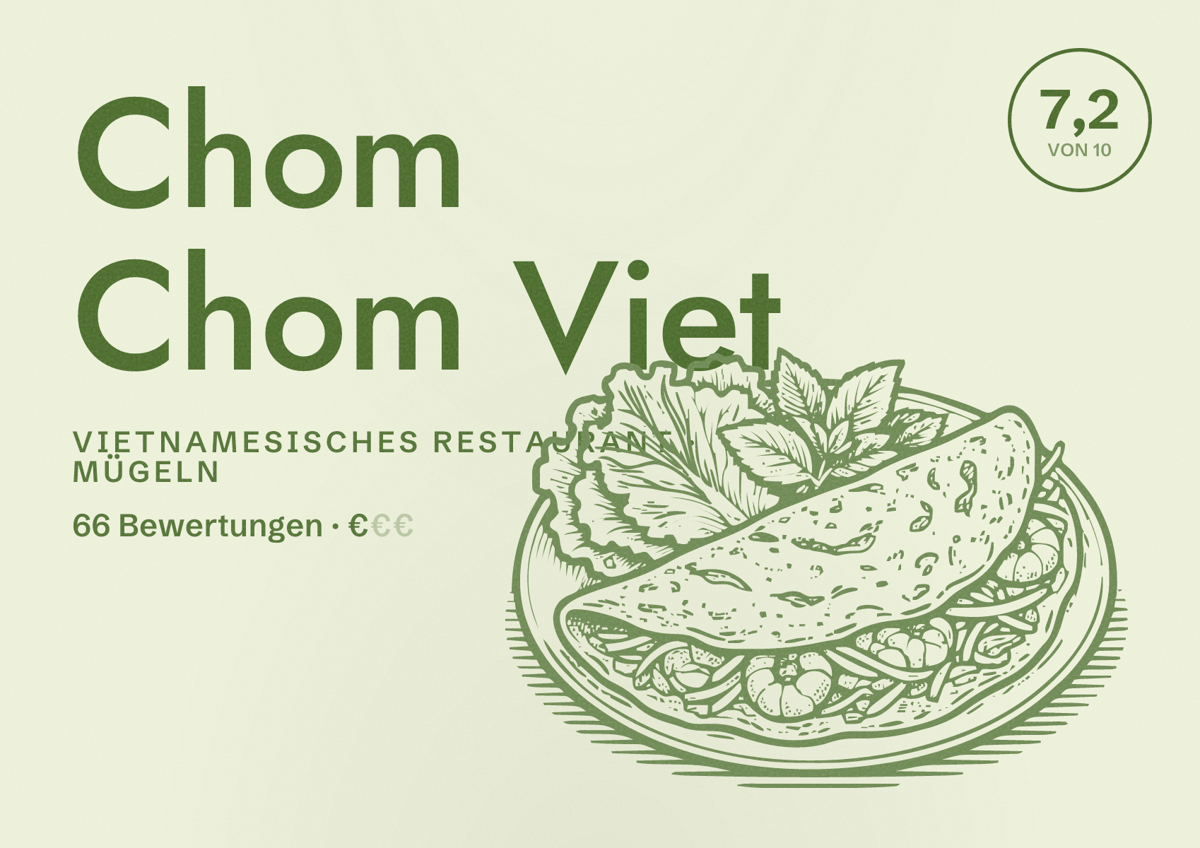 Illustriertes Poster von Chom Chom Viet, Vietnamesisches Restaurant in Mügeln: Bewertung 7,2 von 10 aus 66 Bewertungen, Preisniveau €