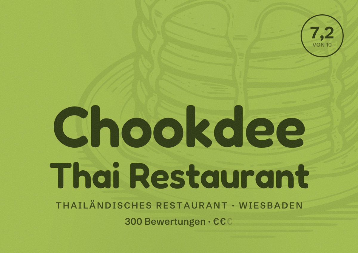 Illustriertes Poster von Chookdee Thai Restaurant, Thailändisches Restaurant in Wiesbaden: Bewertung 7,2 von 10 aus 300 Bewertungen, Preisniveau €€