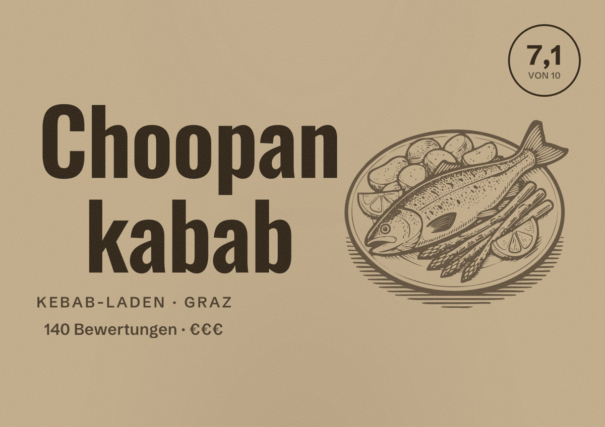 Illustriertes Poster von Choopan kabab, Kebab-Laden in Graz: Bewertung 7,1 von 10 aus 140 Bewertungen, Preisniveau €€€