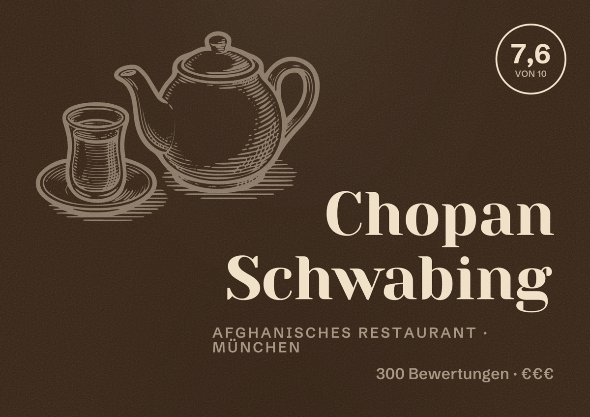 Illustriertes Poster von Chopan Schwabing, Afghanisches Restaurant in München: Bewertung 7,6 von 10 aus 300 Bewertungen, Preisniveau €€€