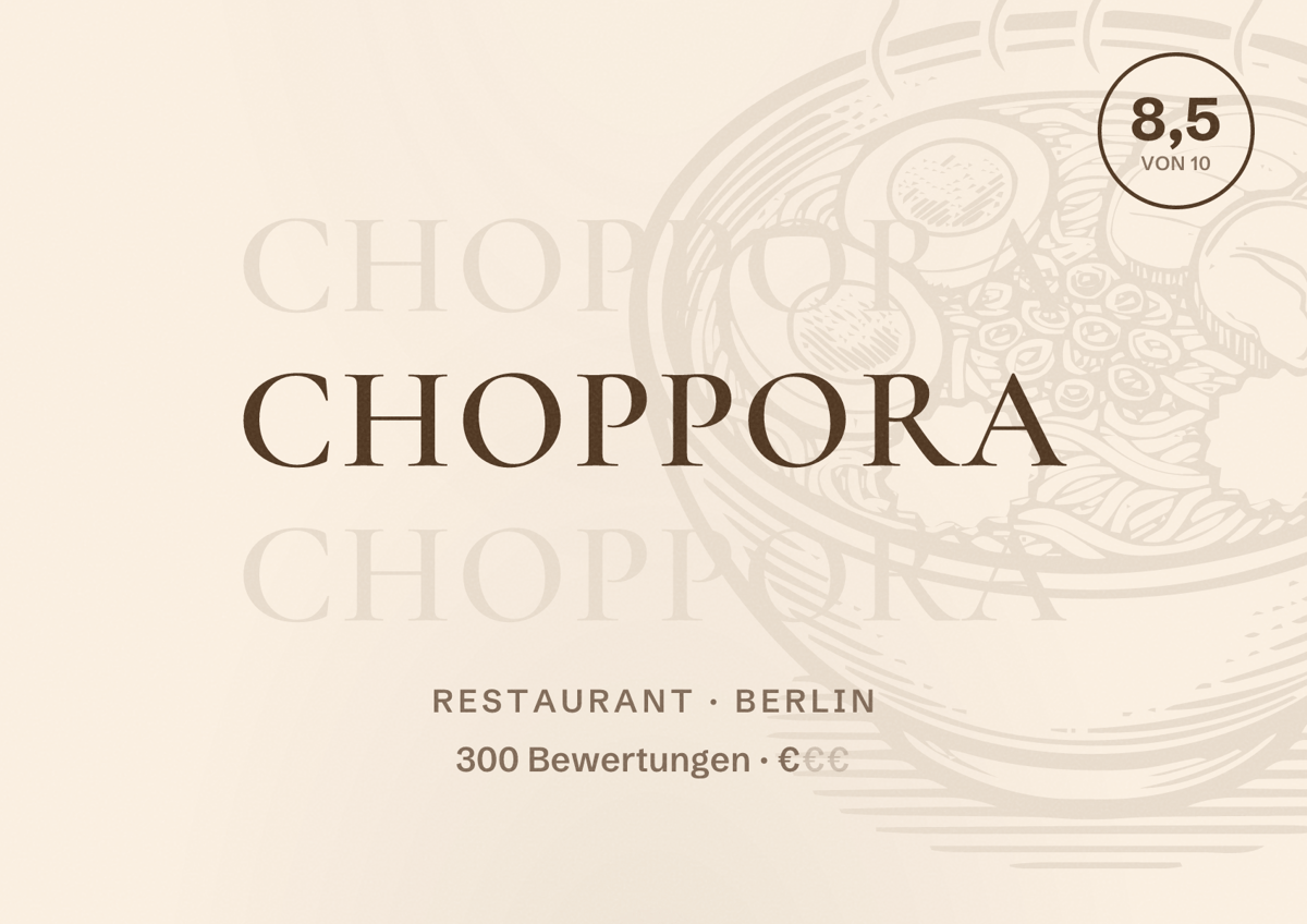 Illustriertes Poster von Choppora, Restaurant in Berlin: Bewertung 8,5 von 10 aus 300 Bewertungen, Preisniveau €