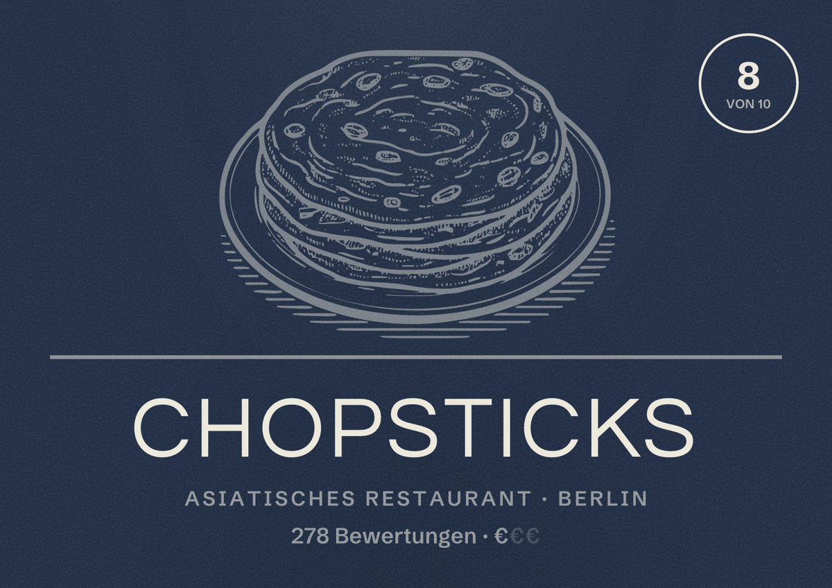 Illustriertes Poster von Chopsticks, Asiatisches Restaurant in Berlin: Bewertung 8,0 von 10 aus 278 Bewertungen, Preisniveau €