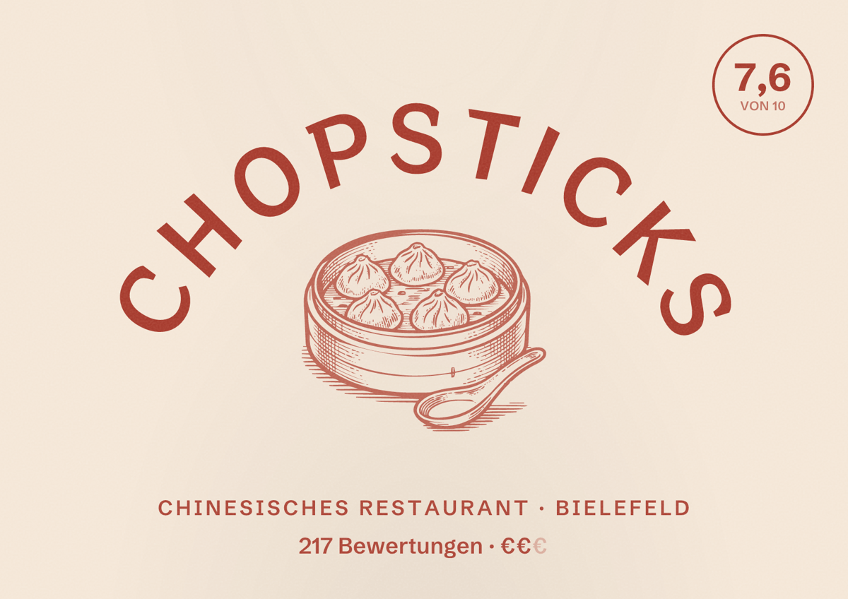 Illustriertes Poster von Chopsticks, Chinesisches Restaurant in Bielefeld: Bewertung 7,6 von 10 aus 217 Bewertungen, Preisniveau €€