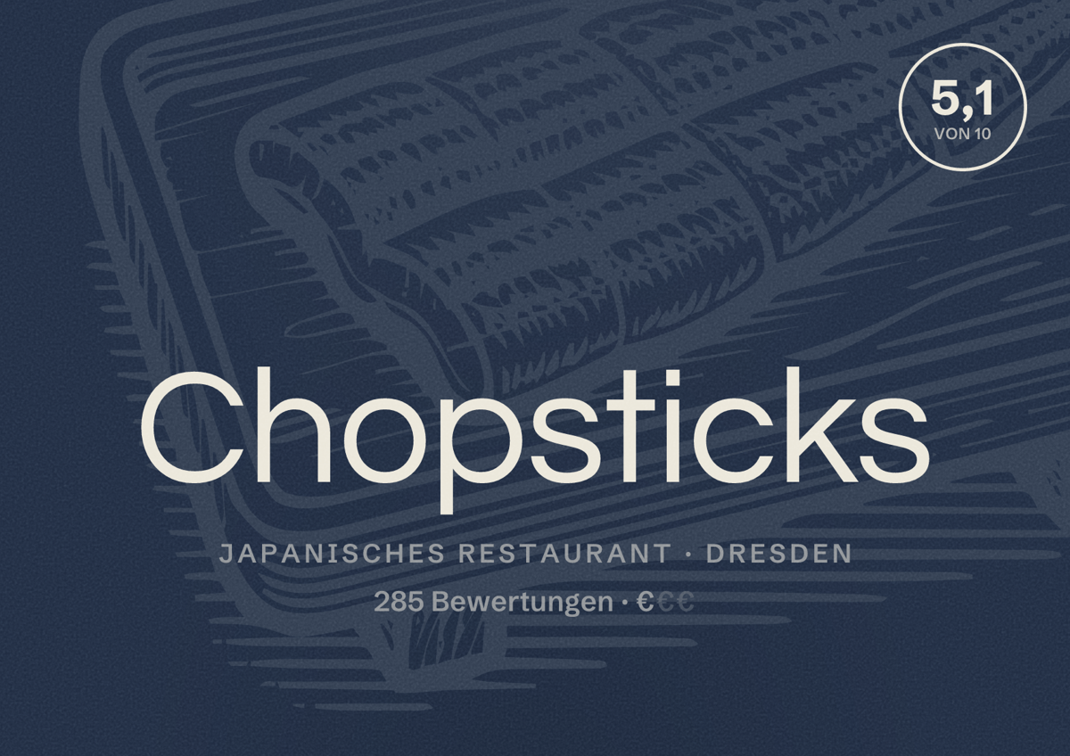 Illustriertes Poster von Chopsticks, Japanisches Restaurant in Dresden: Bewertung 5,1 von 10 aus 285 Bewertungen, Preisniveau €