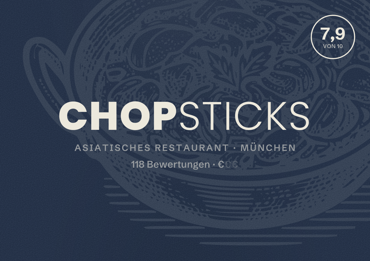 Illustriertes Poster von Chopsticks, Asiatisches Restaurant in München: Bewertung 7,9 von 10 aus 118 Bewertungen, Preisniveau €