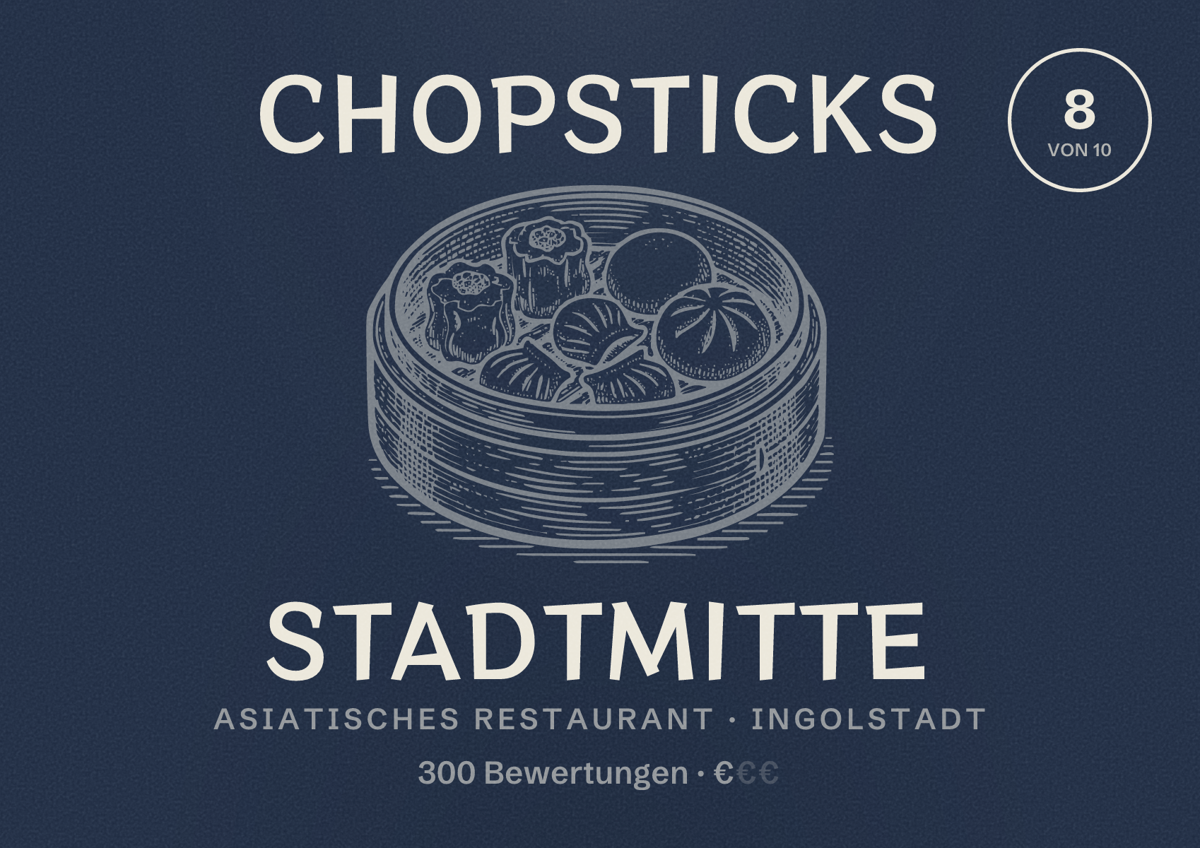 Illustriertes Poster von Chopsticks Stadtmitte, Asiatisches Restaurant in Ingolstadt: Bewertung 8 von 10 aus 300 Bewertungen, Preisniveau €