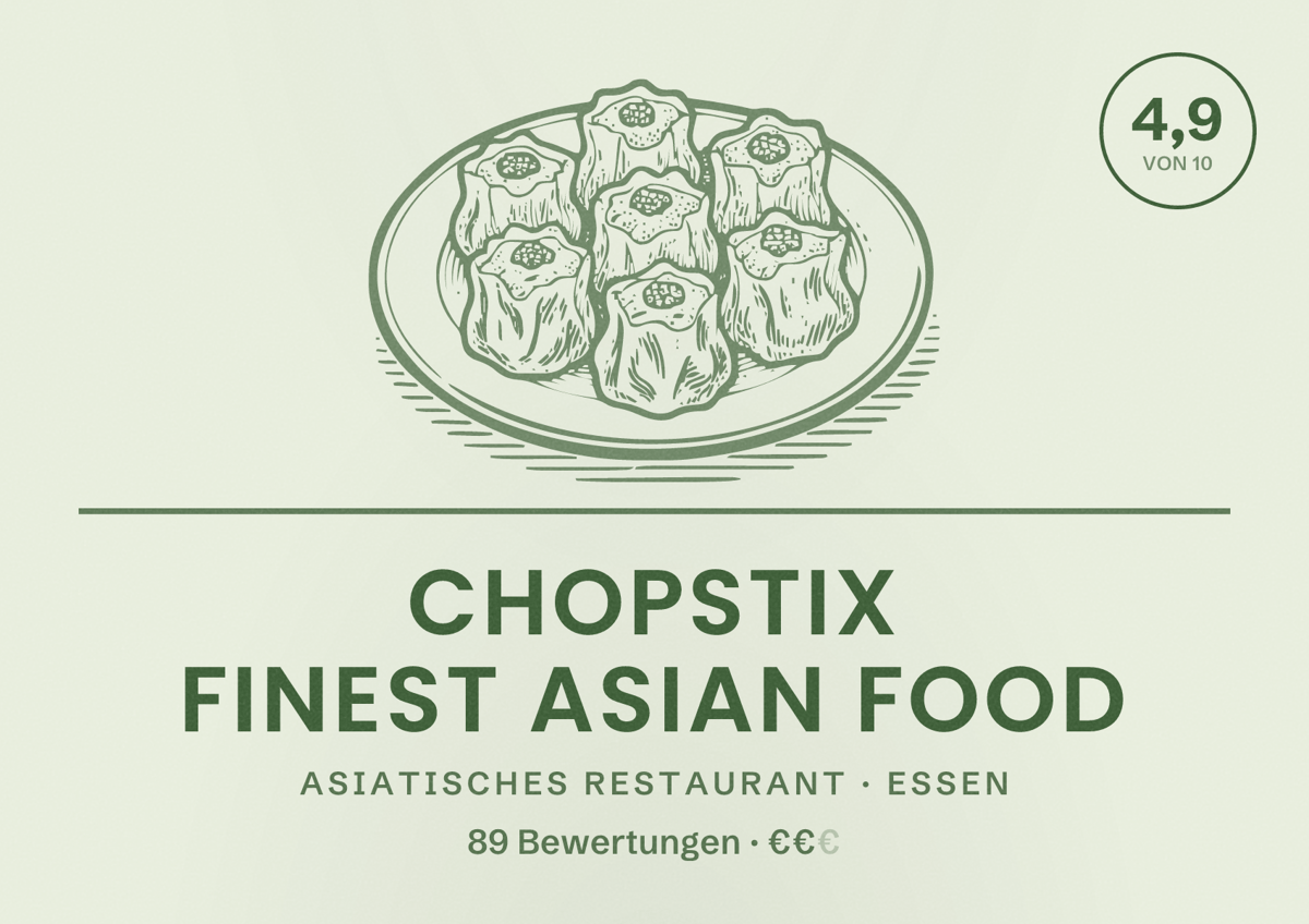 Illustriertes Poster von Chopstix finest asian food, Asiatisches Restaurant in Essen: Bewertung 4,9 von 10 aus 89 Bewertungen, Preisniveau €€
