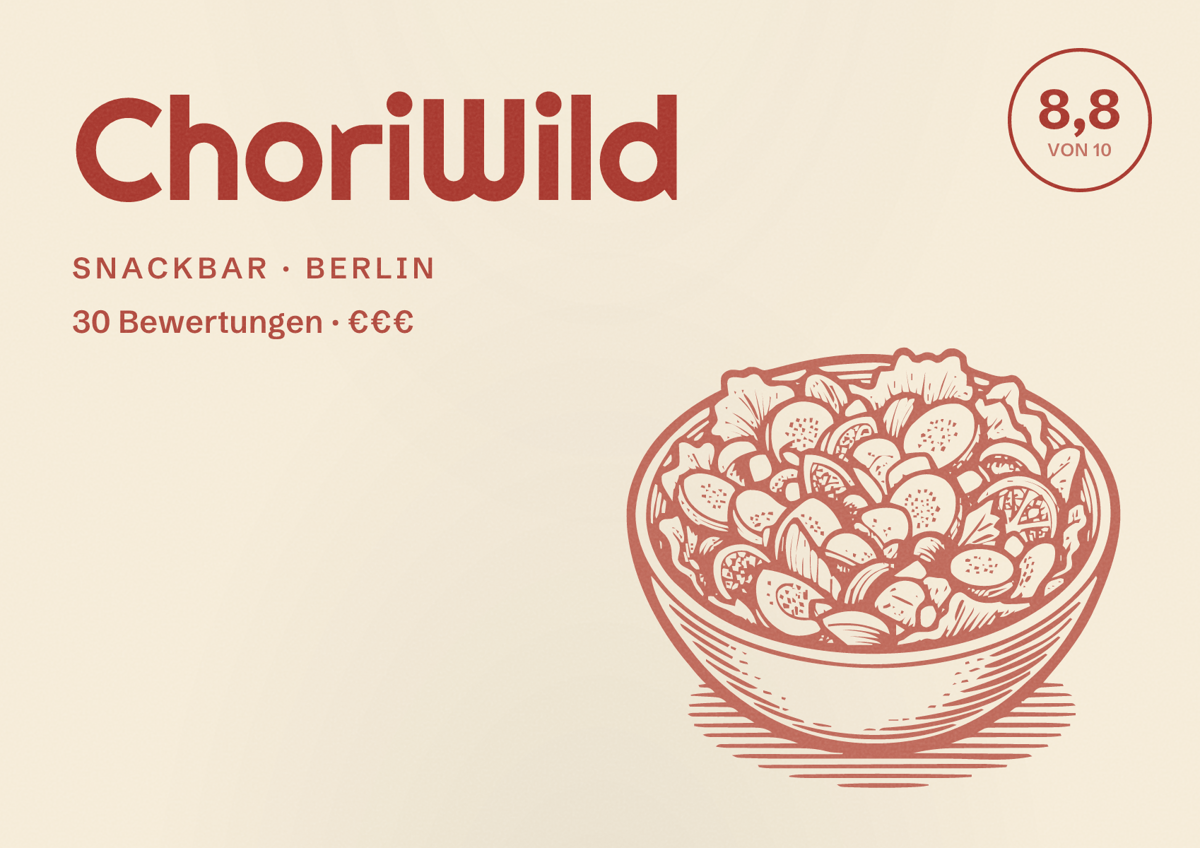 Illustriertes Poster von ChoriWild, Snackbar in Berlin: Bewertung 8,8 von 10 aus 30 Bewertungen, Preisniveau €€€
