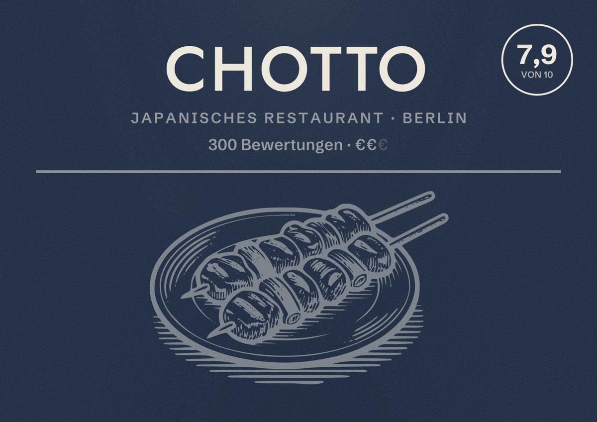 Illustriertes Poster von Chotto, Japanisches Restaurant in Berlin: Bewertung 7,9 von 10 aus 300 Bewertungen, Preisniveau €€