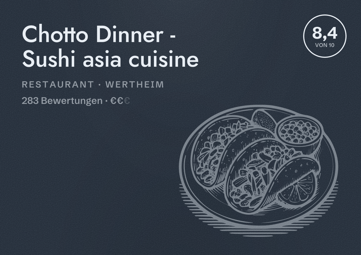 Illustriertes Poster von Chotto Dinner - Sushi asia cuisine, Restaurant in Wertheim: Bewertung 8,4 von 10 aus 283 Bewertungen, Preisniveau €€