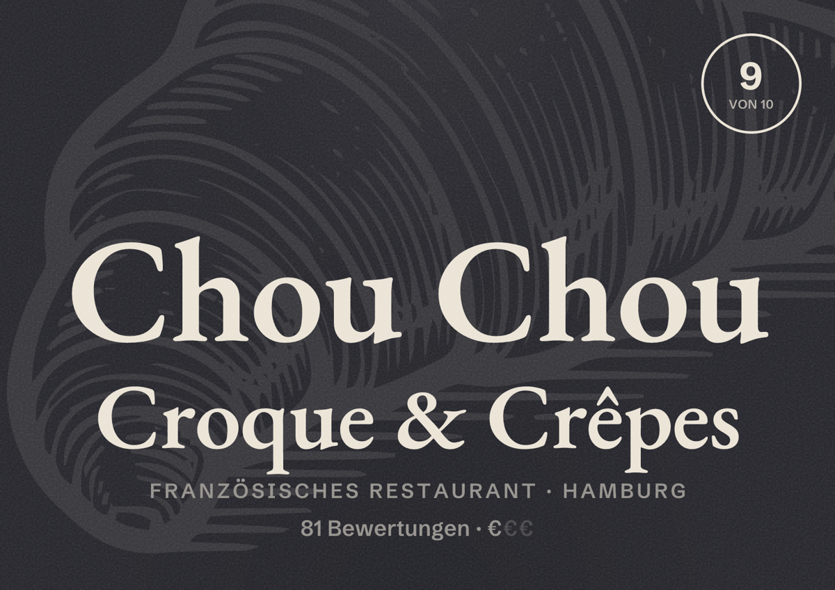 Illustriertes Poster von Chou Chou Croque & Crêpes, Französisches Restaurant in Hamburg: Bewertung 9,0 von 10 aus 81 Bewertungen, Preisniveau €