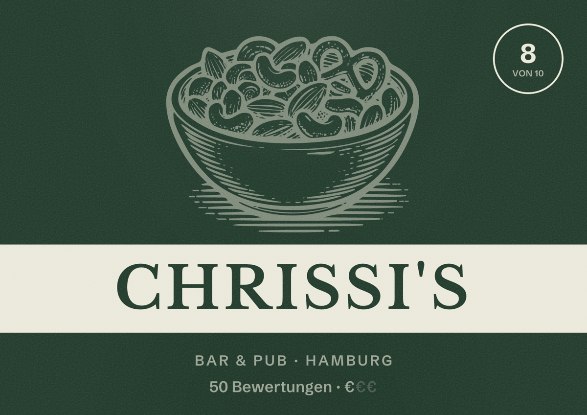 Illustriertes Poster von Chrissi's, Bar & Pub in Hamburg: Bewertung 8 von 10 aus 50 Bewertungen, Preisniveau €