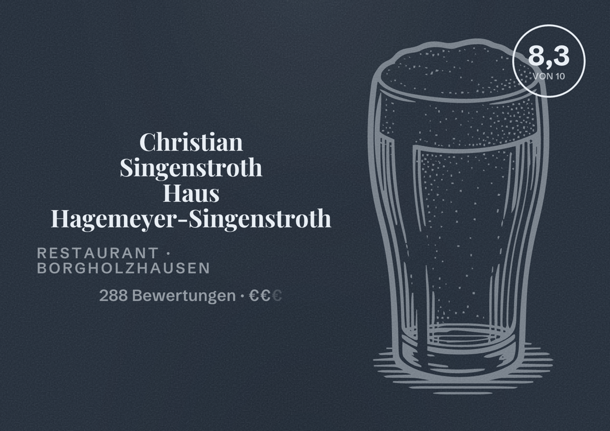 Illustriertes Poster von Christian Singenstroth Haus Hagemeyer-Singenstroth, Restaurant in Borgholzhausen: Bewertung 8,3 von 10 aus 288 Bewertungen, Preisniveau €€