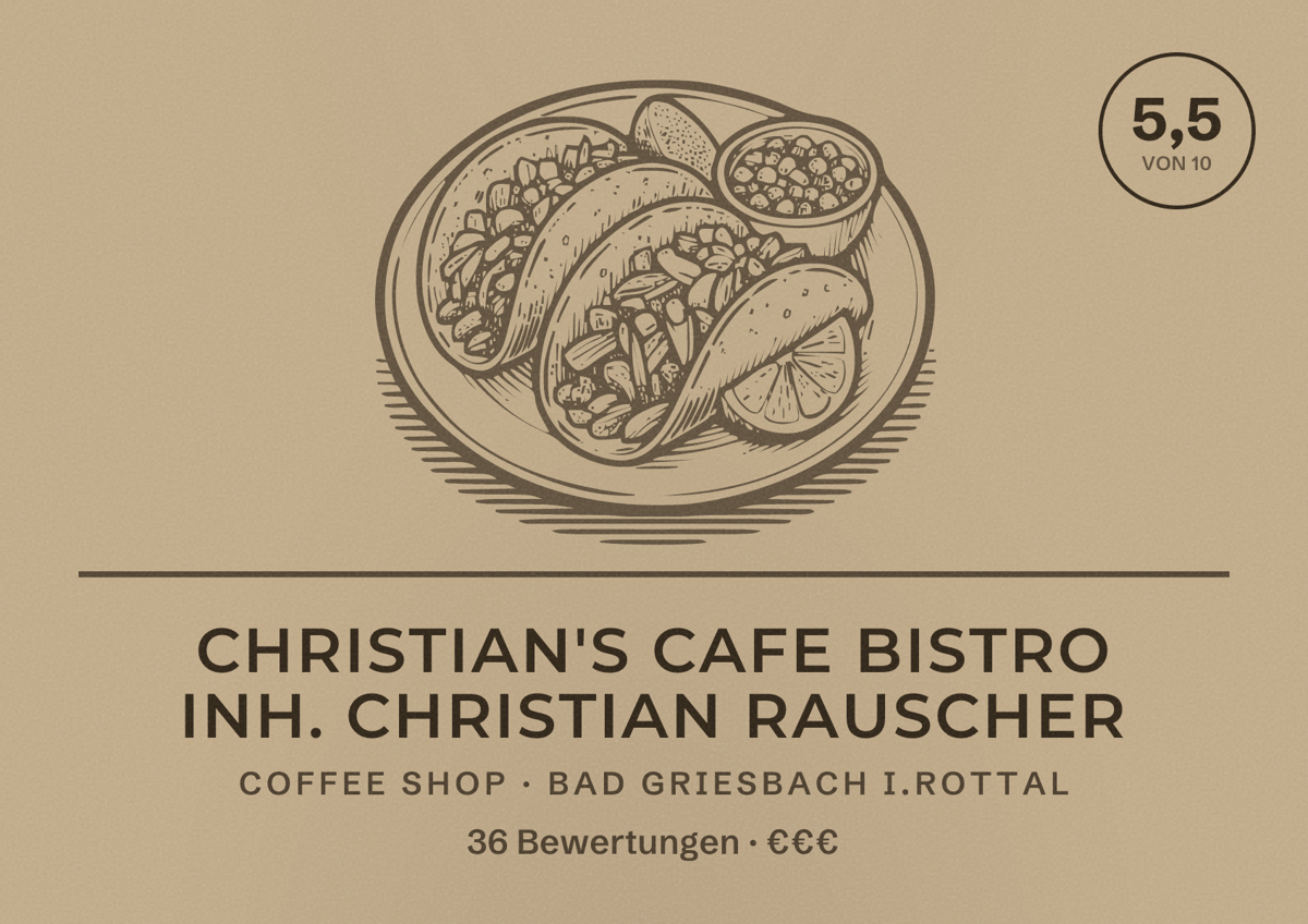 Illustriertes Poster von Christian's Cafe Bistro Inh. Christian Rauscher, Coffee Shop in Bad Griesbach i.Rottal: Bewertung 5,5 von 10 aus 36 Bewertungen, Preisniveau €€€