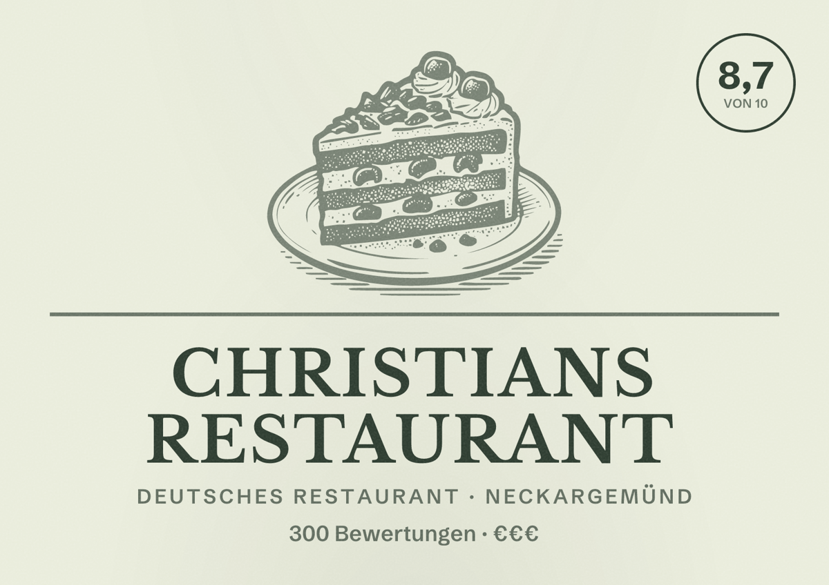Illustriertes Poster von Christians Restaurant, Deutsches Restaurant in Neckargemünd: Bewertung 8,7 von 10 aus 300 Bewertungen, Preisniveau €€€