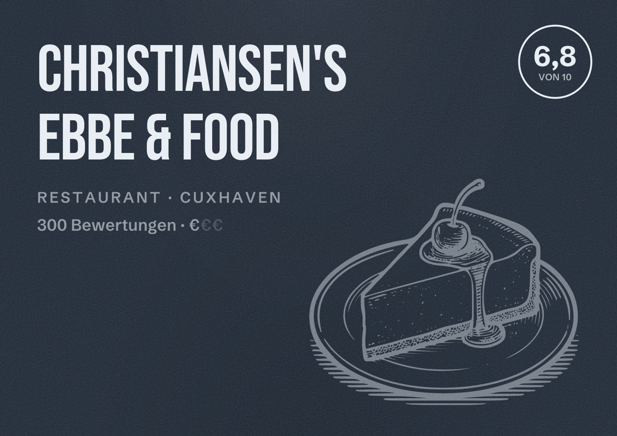 Illustriertes Poster von Christiansen's EBBE & FOOD, Restaurant in Cuxhaven: Bewertung 6,8 von 10 aus 300 Bewertungen, Preisniveau €