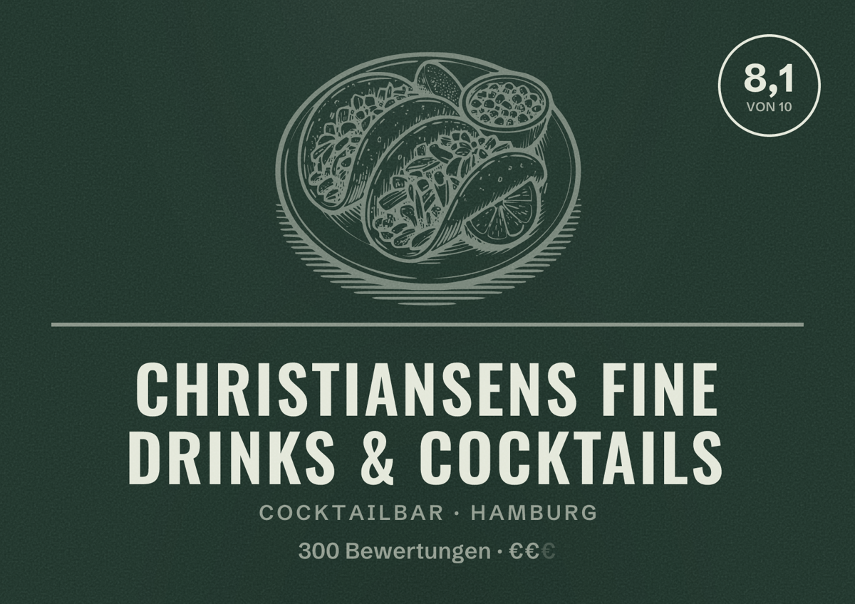 Illustriertes Poster von Christiansens Fine Drinks & Cocktails, Cocktailbar in Hamburg: Bewertung 8,1 von 10 aus 300 Bewertungen, Preisniveau €€