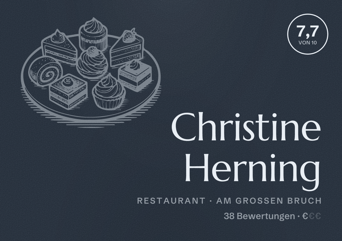 Illustriertes Poster von Christine Herning, Restaurant in Am Großen Bruch: Bewertung 7,7 von 10 aus 38 Bewertungen, Preisniveau €