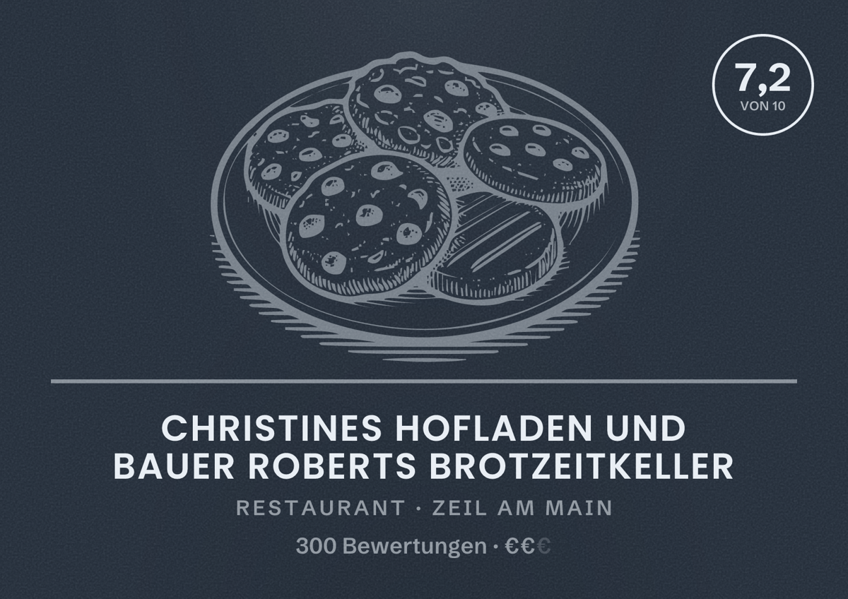 Illustriertes Poster von Christines Hofladen und Bauer Roberts Brotzeitkeller, Restaurant in Zeil am Main: Bewertung 7,2 von 10 aus 300 Bewertungen, Preisniveau €€