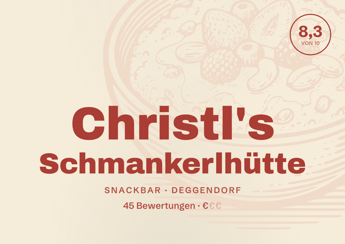 Illustriertes Poster von Christl's Schmankerlhütte, Snackbar in Deggendorf: Bewertung 8,3 von 10 aus 45 Bewertungen, Preisniveau €