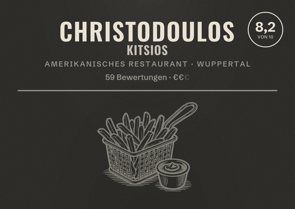 Illustriertes Poster von Christodoulos Kitsios, Amerikanisches Restaurant in Wuppertal: Bewertung 8,2 von 10 aus 59 Bewertungen, Preisniveau €€