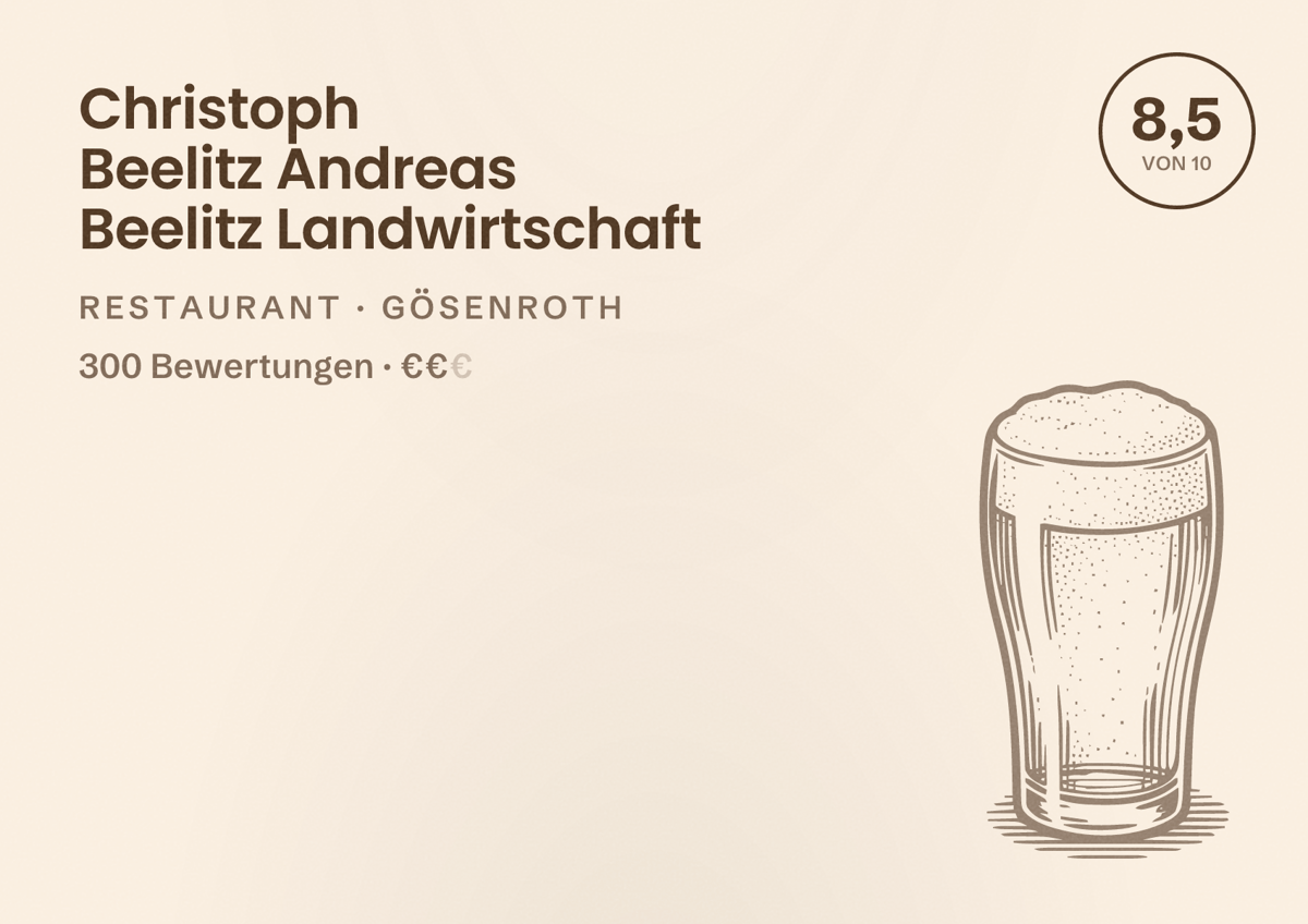 Illustriertes Poster von Christoph Beelitz Andreas Beelitz Landwirtschaft, Restaurant in Gösenroth: Bewertung 8,5 von 10 aus 300 Bewertungen, Preisniveau €€