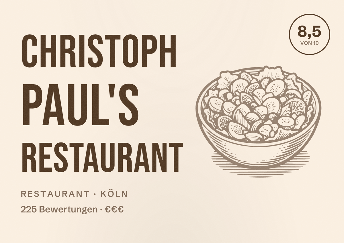 Illustriertes Poster von Christoph Paul's Restaurant, Restaurant in Köln: Bewertung 8,5 von 10 aus 225 Bewertungen, Preisniveau €€€