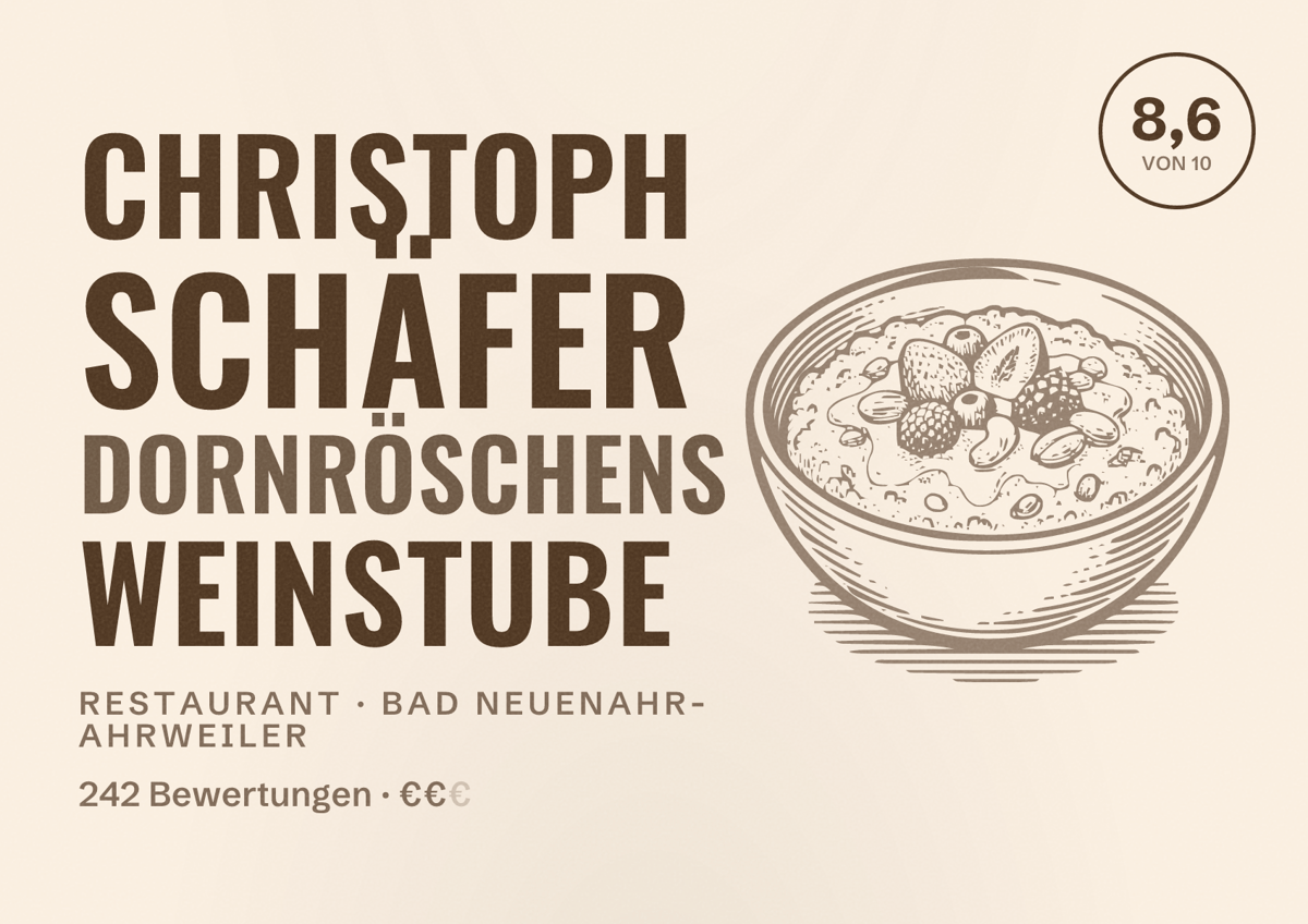 Illustriertes Poster von Christoph Schäfer Dornröschens Weinstube, Restaurant in Bad Neuenahr-Ahrweiler: Bewertung 8,6 von 10 aus 242 Bewertungen, Preisniveau €€