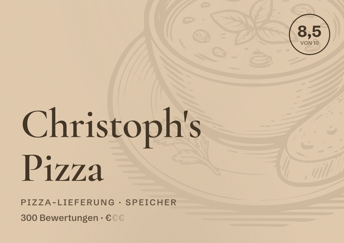Illustriertes Poster von Christoph's Pizza, Pizza-Lieferung in Speicher: Bewertung 8,5 von 10 aus 300 Bewertungen, Preisniveau €