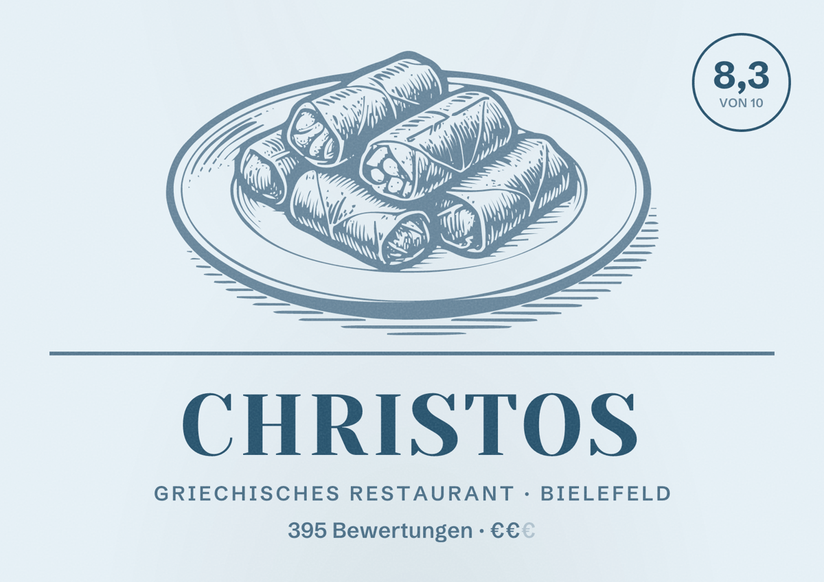 Illustriertes Poster von Christos, Griechisches Restaurant in Bielefeld: Bewertung 8,3 von 10 aus 395 Bewertungen, Preisniveau €€