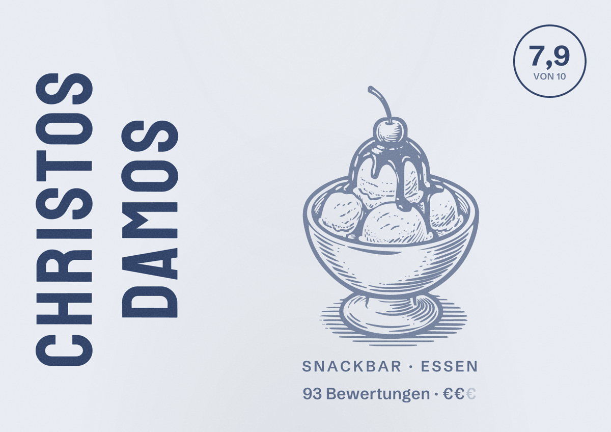 Illustriertes Poster von Christos Damos, Snackbar in Essen: Bewertung 7,9 von 10 aus 93 Bewertungen, Preisniveau €€