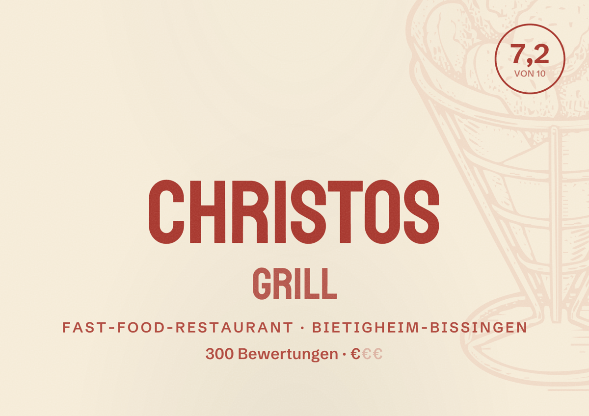 Illustriertes Poster von Christos Grill, Fast-Food-Restaurant in Bietigheim-Bissingen: Bewertung 7,2 von 10 aus 300 Bewertungen, Preisniveau €