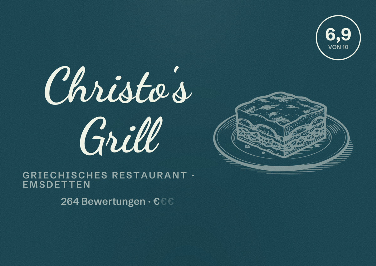 Illustriertes Poster von Christo's Grill, Griechisches Restaurant in Emsdetten: Bewertung 6,9 von 10 aus 264 Bewertungen, Preisniveau €