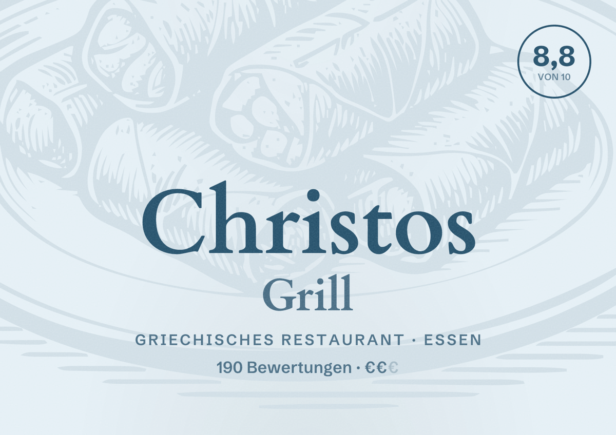Illustriertes Poster von Christos Grill, Griechisches Restaurant in Essen: Bewertung 8,8 von 10 aus 190 Bewertungen, Preisniveau €€