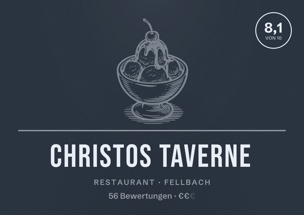 Illustriertes Poster von Christos Taverne, Restaurant in Fellbach: Bewertung 8,1 von 10 aus 56 Bewertungen, Preisniveau €€
